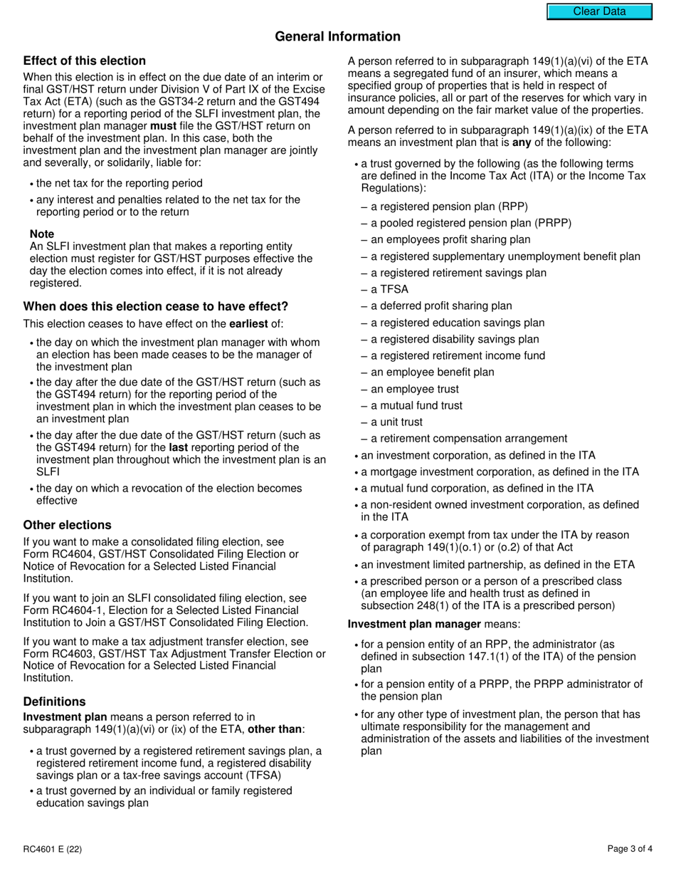 Form RC4601 Gst / Hst Reporting Entity Election or Notice of Revocation for a Selected Listed Financial Institution - Canada, Page 3
