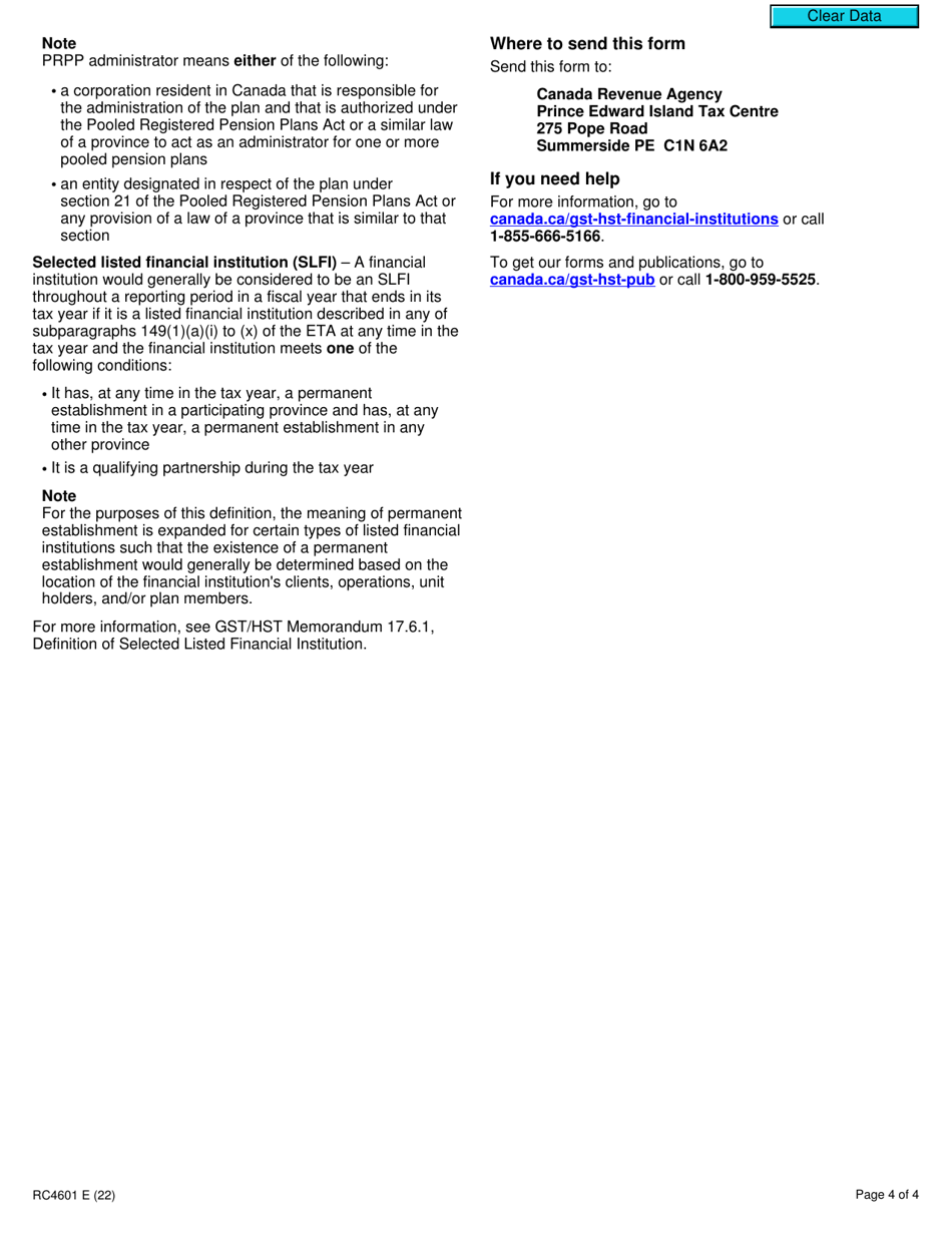 Form RC4601 Gst / Hst Reporting Entity Election or Notice of Revocation for a Selected Listed Financial Institution - Canada, Page 4