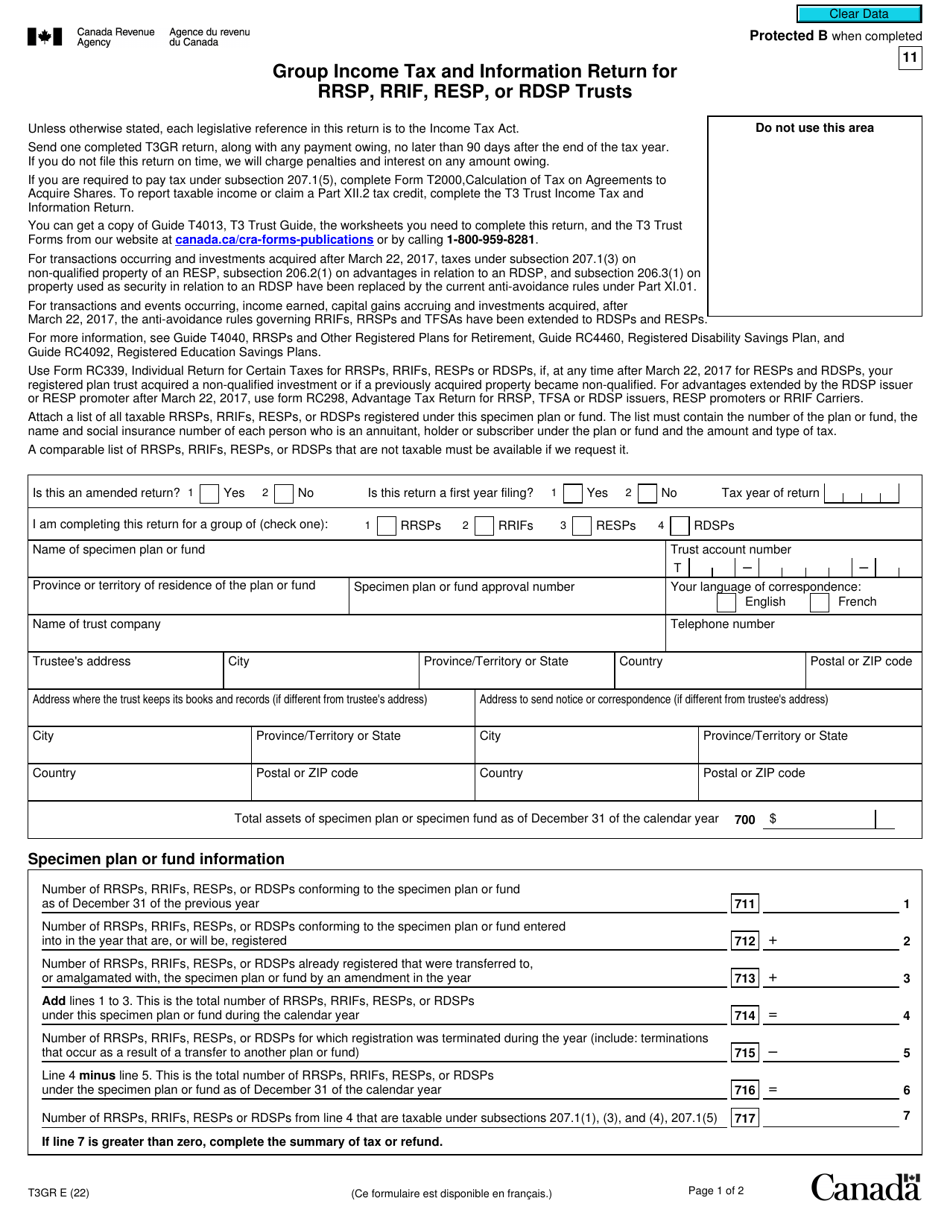 Form T3GR Group Income Tax and Information Return for Rrsp, Rrif, Resp, or Rdsp Trusts - Canada, Page 1
