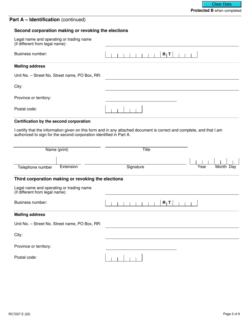 Form RC7227 Elections or Revocation of the Elections to Deem Certain Supplies to Be Financial Services for Gst / Hst and Qst Purposes for Selected Listed Financial Institutions - Canada, Page 2