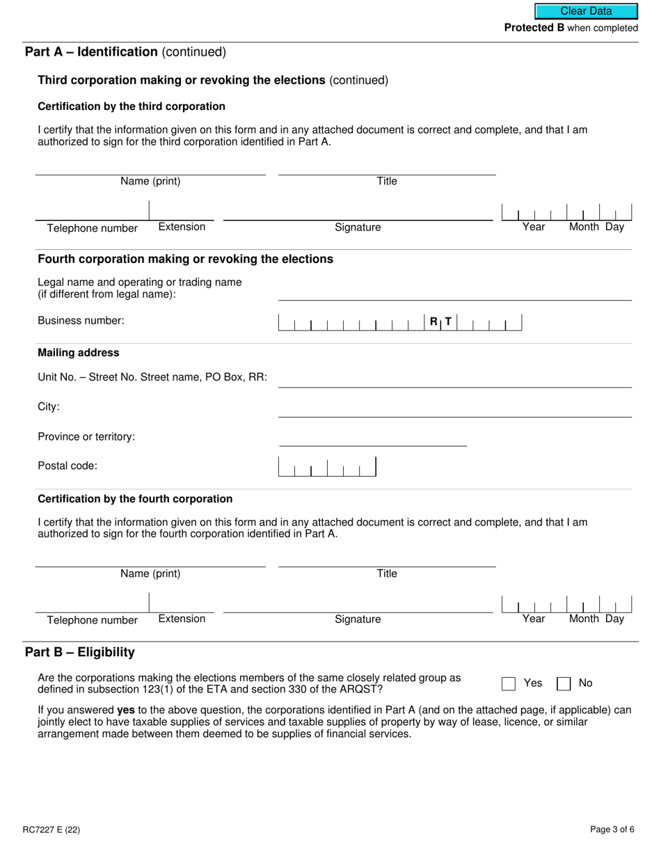 Form RC7227 Elections or Revocation of the Elections to Deem Certain Supplies to Be Financial Services for Gst / Hst and Qst Purposes for Selected Listed Financial Institutions - Canada, Page 3
