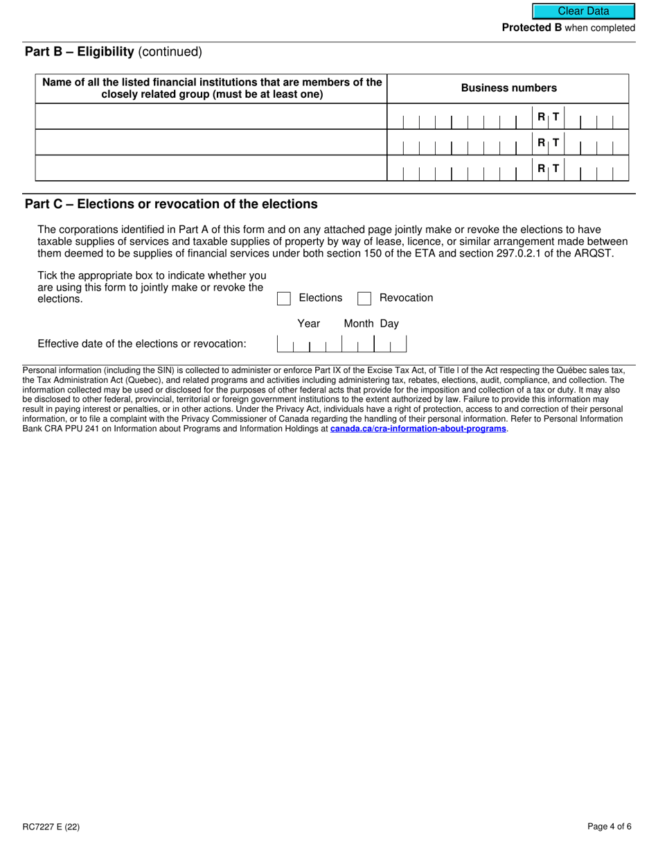 Form RC7227 Elections or Revocation of the Elections to Deem Certain Supplies to Be Financial Services for Gst / Hst and Qst Purposes for Selected Listed Financial Institutions - Canada, Page 4