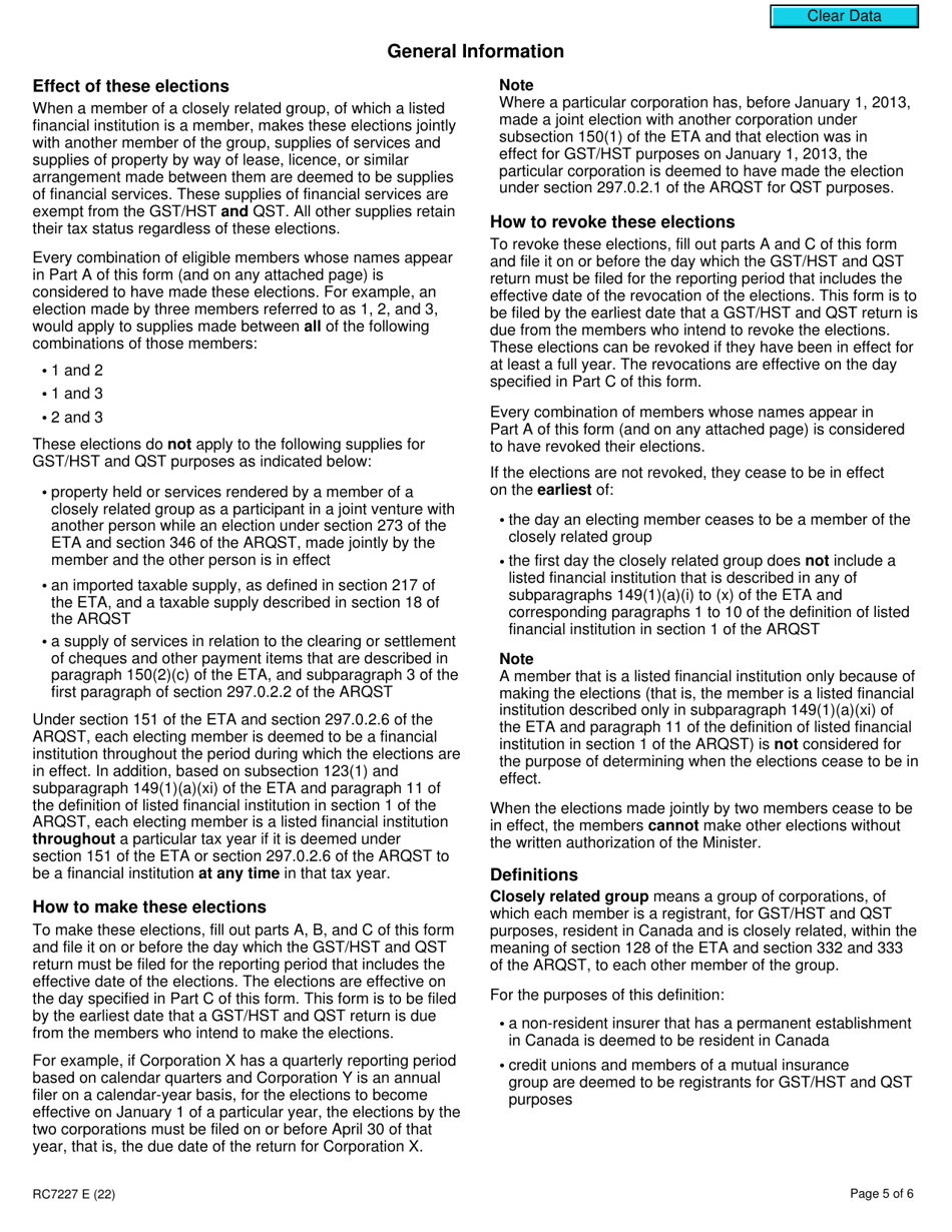 Form RC7227 Elections or Revocation of the Elections to Deem Certain Supplies to Be Financial Services for Gst / Hst and Qst Purposes for Selected Listed Financial Institutions - Canada, Page 5