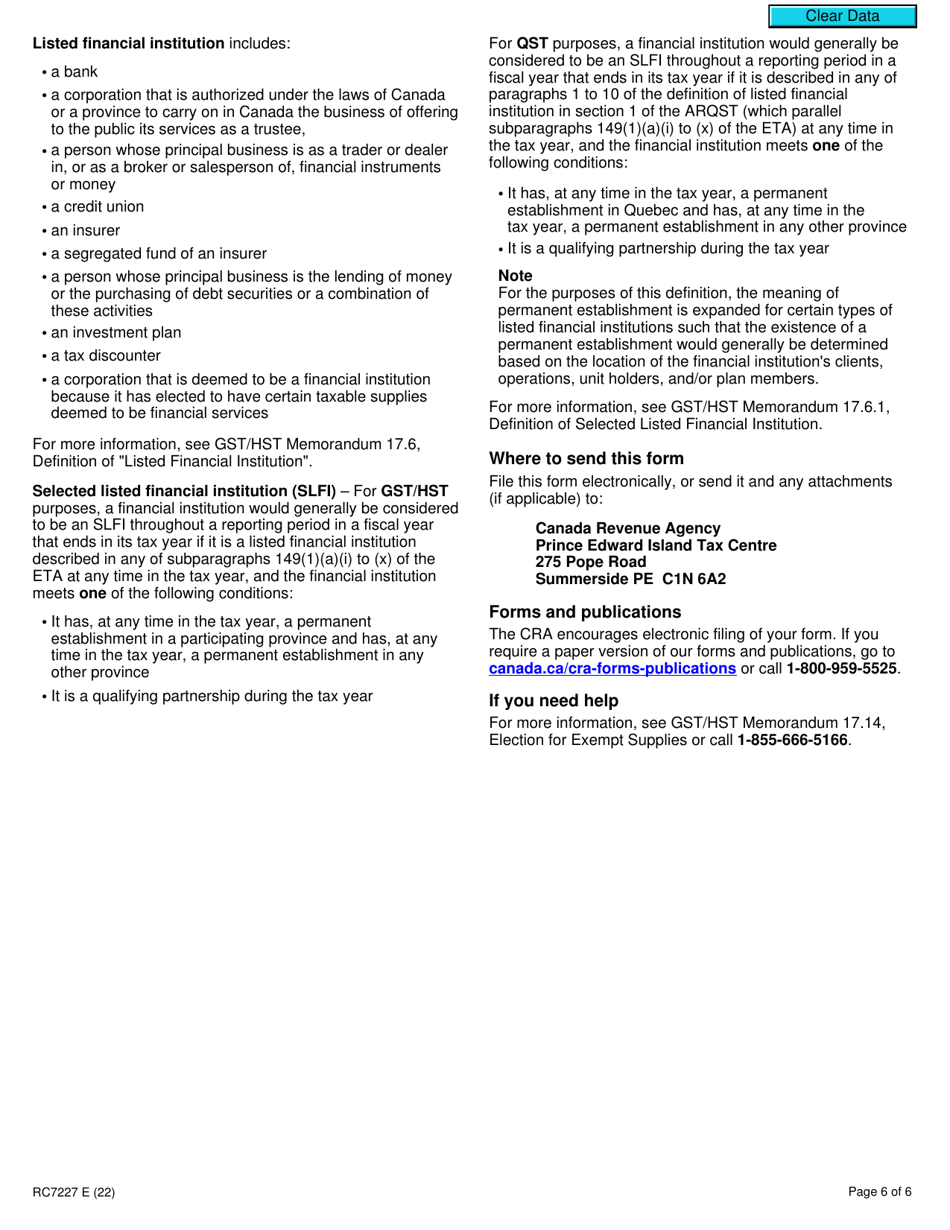 Form RC7227 Elections or Revocation of the Elections to Deem Certain Supplies to Be Financial Services for Gst / Hst and Qst Purposes for Selected Listed Financial Institutions - Canada, Page 6