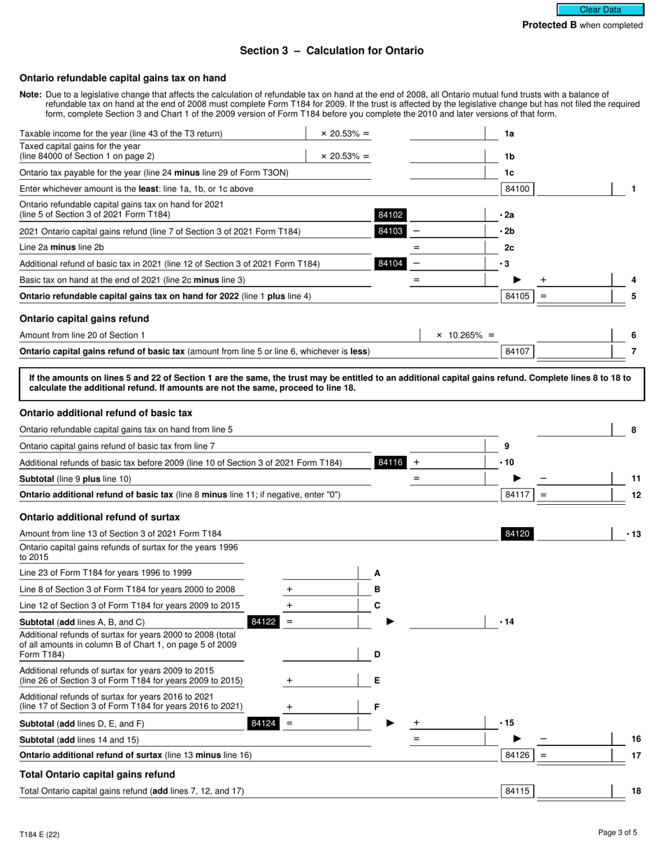 Form T184 Capital Gains Refund to a Mutual Fund Trust - Canada, Page 3