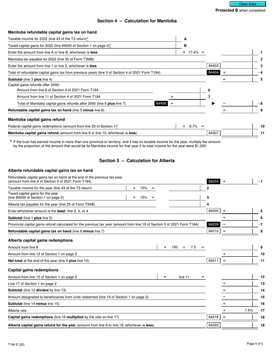 Form T184 Capital Gains Refund to a Mutual Fund Trust - Canada, Page 4