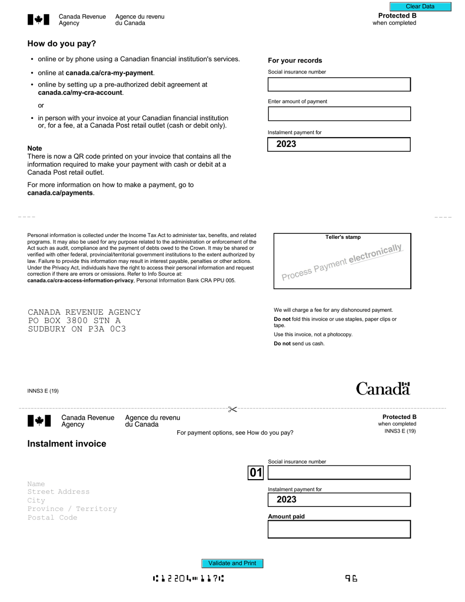 Form INNS3 Instalment Remittance Voucher - Canada, Page 1