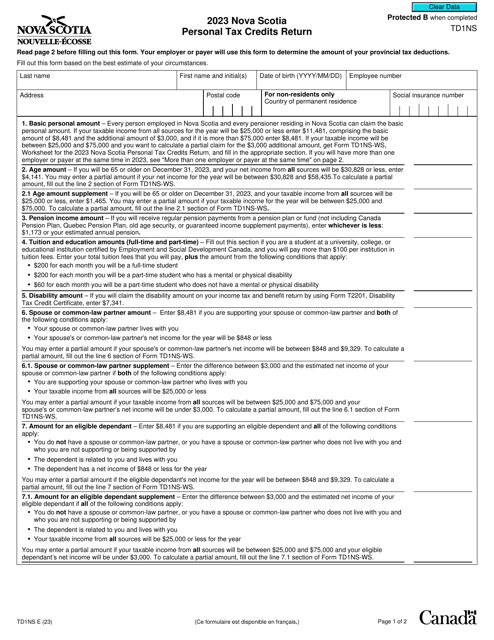 Form TD1NS 2023 Printable Pdf