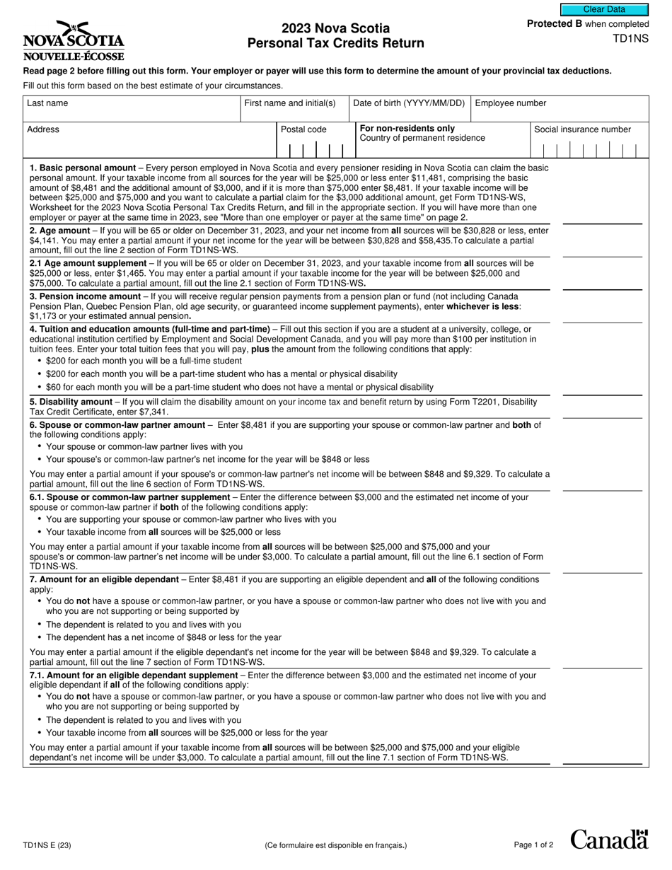 Form TD1NS Nova Scotia Personal Tax Credits Return - Canada, Page 1