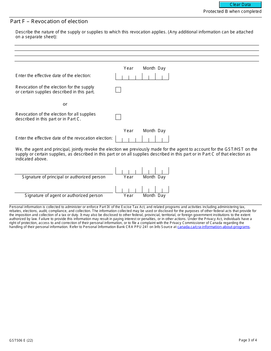 Form GST506 Election and Revocation of an Election Between Agent and Principal - Canada, Page 3