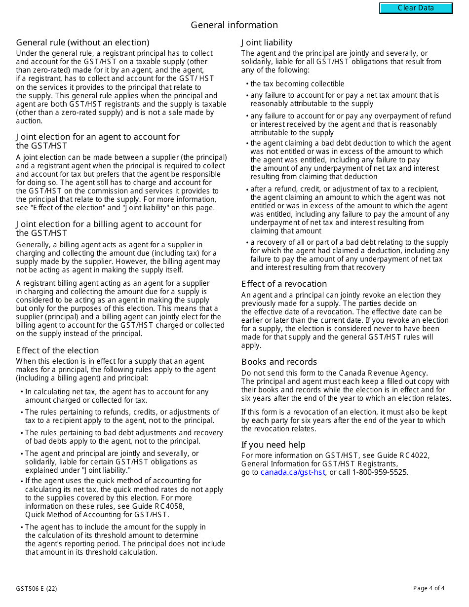 Form GST506 Election and Revocation of an Election Between Agent and Principal - Canada, Page 4