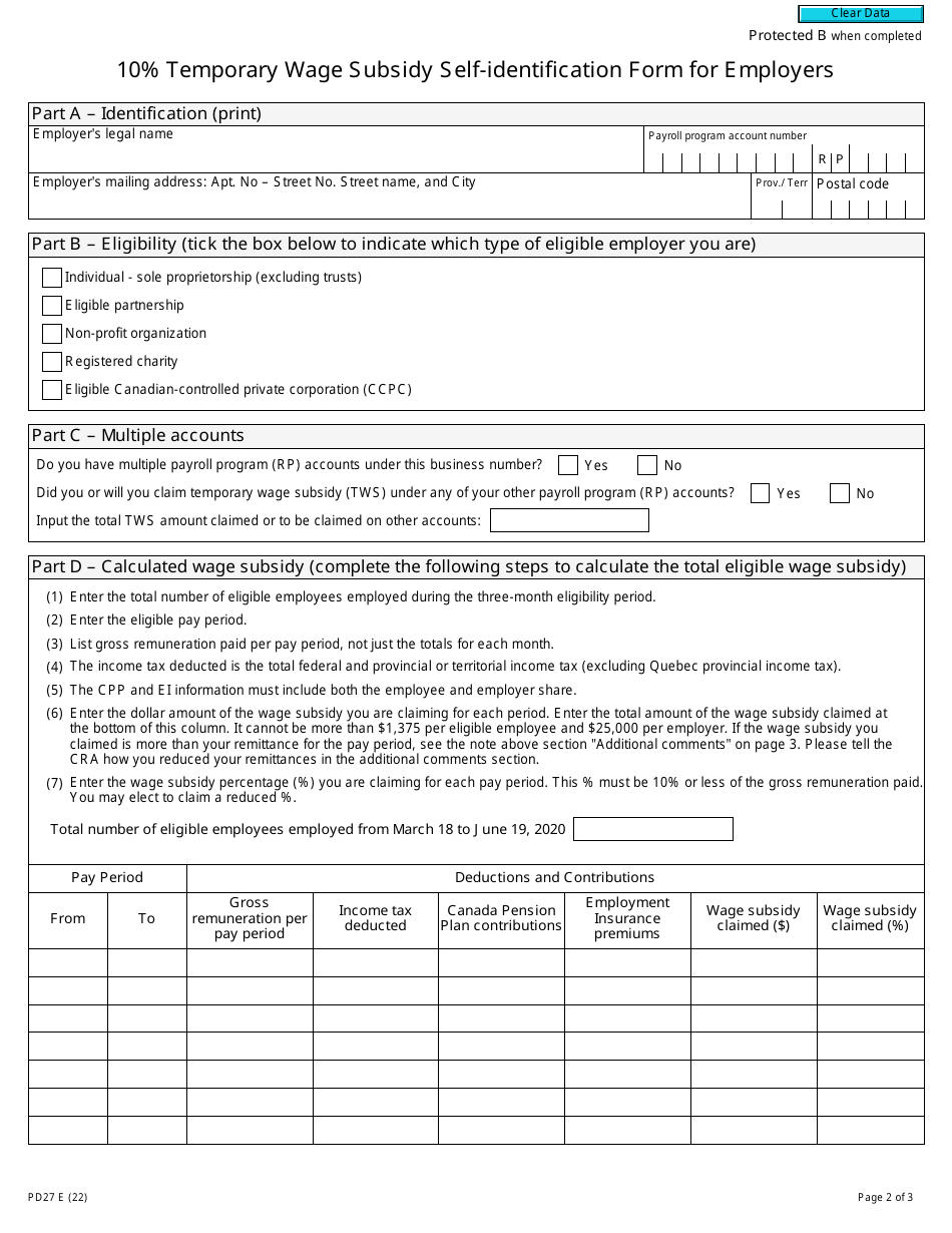 Form PD27 10% Temporary Wage Subsidy Self-identification Form for Employers - Canada, Page 2