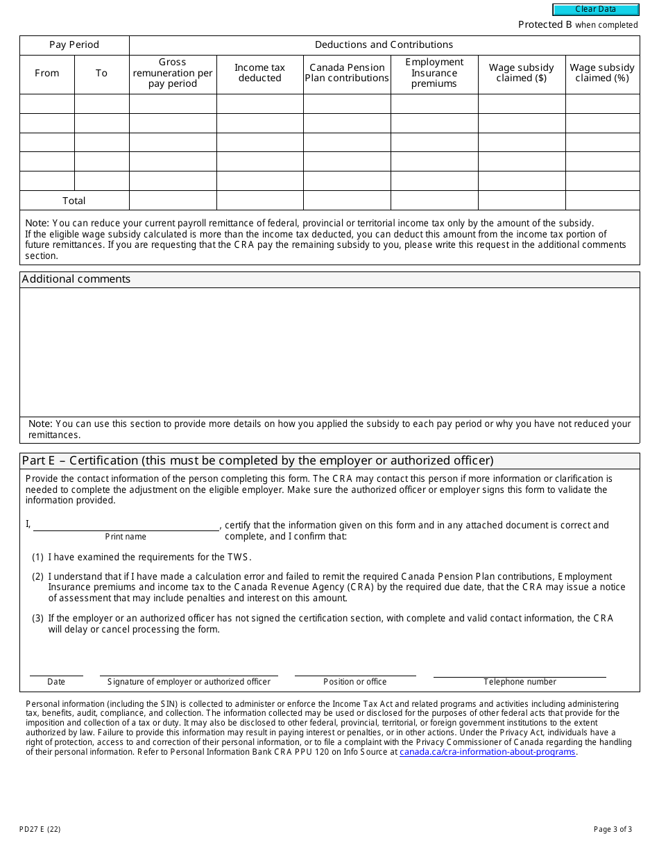 Form PD27 10% Temporary Wage Subsidy Self-identification Form for Employers - Canada, Page 3