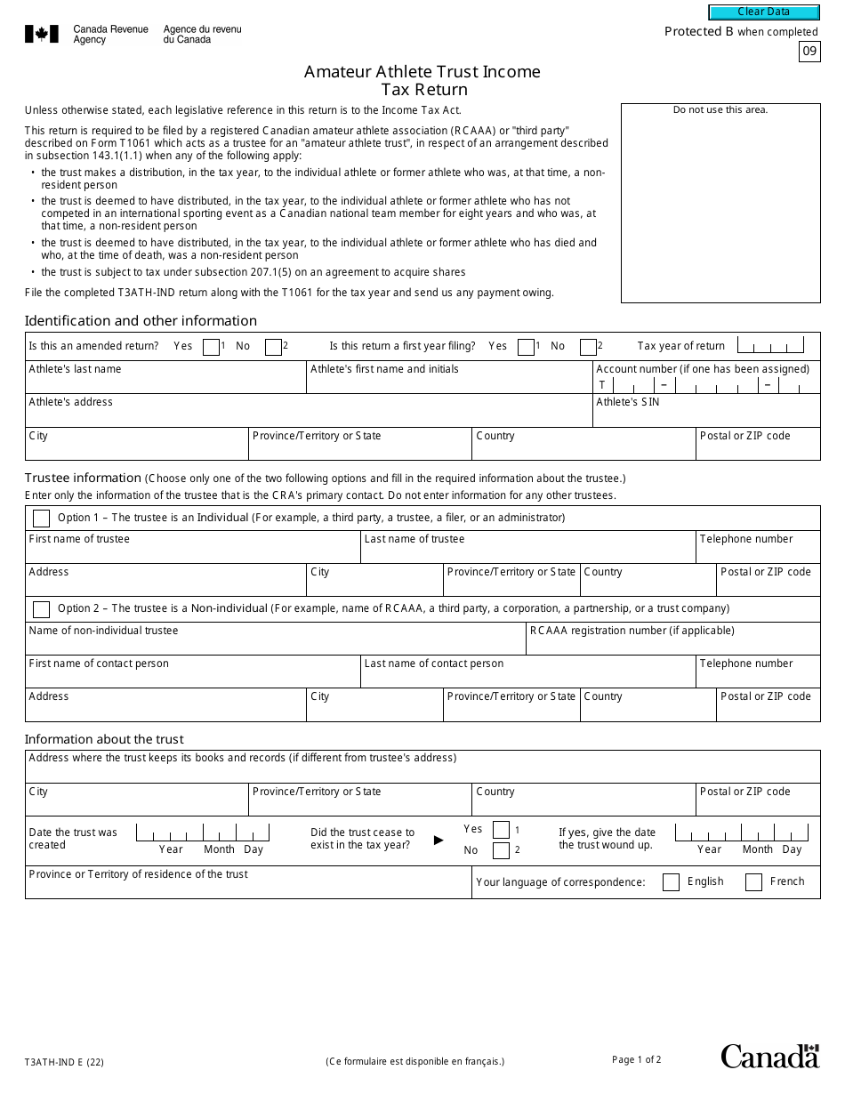 Form T3ATH-IND Amateur Athlete Trust Income Tax Return - Canada, Page 1