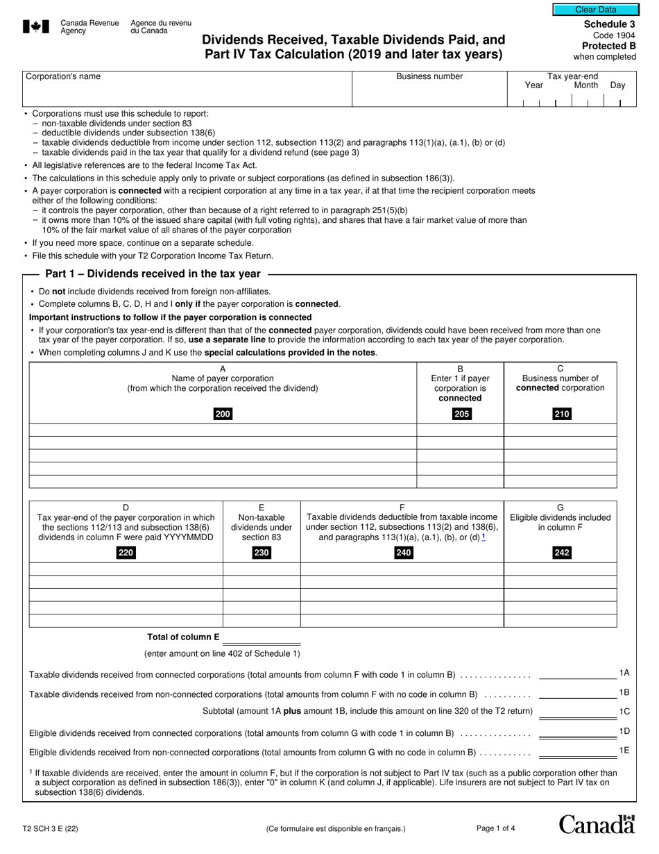 Form T2 Schedule 3 Dividends Received, Taxable Dividends Paid, and Part IV Tax Calculation (2019 and Later Tax Years) - Canada, Page 1