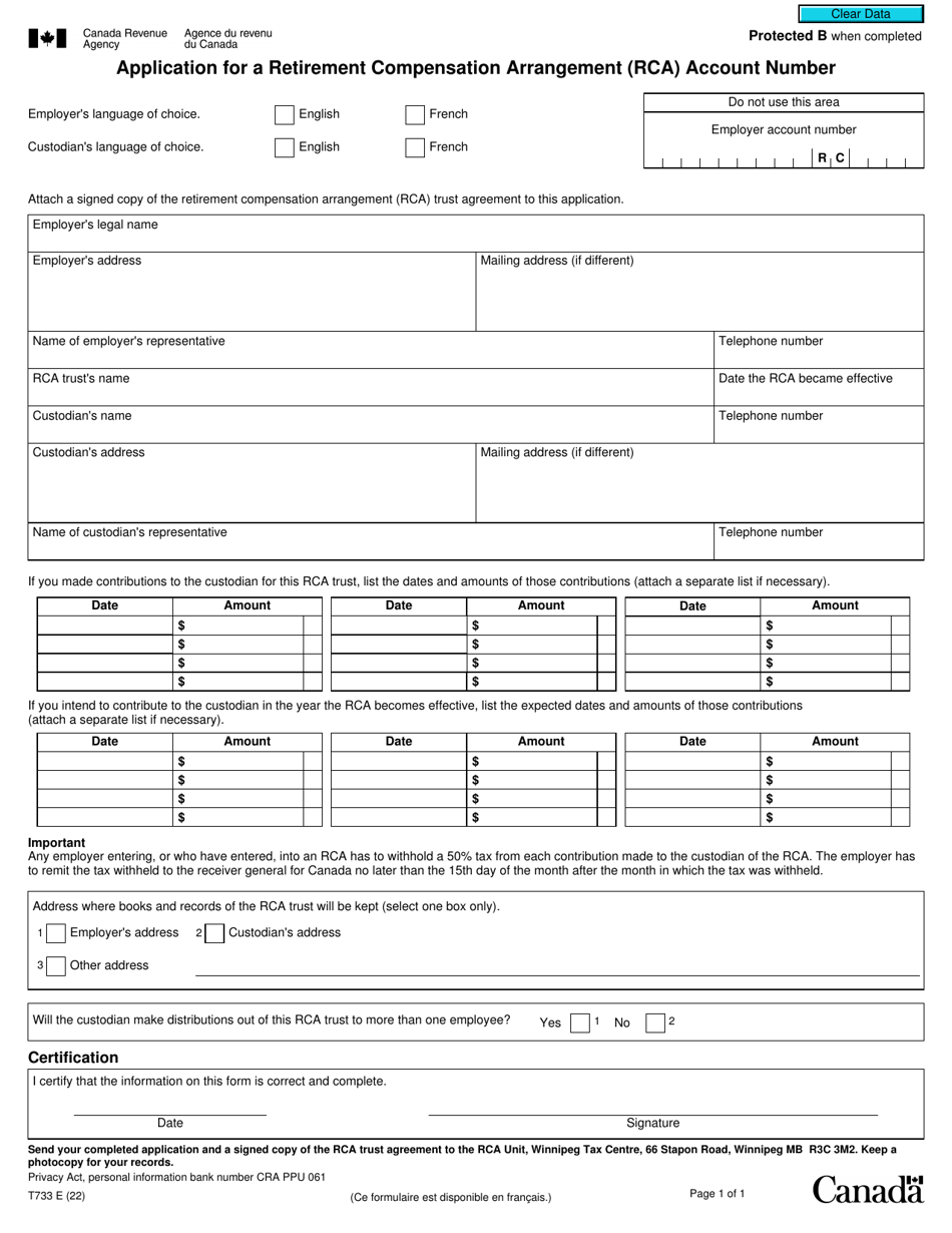 Form T733 Application for a Retirement Compensation Arrangement (Rca) Account Number - Canada, Page 1
