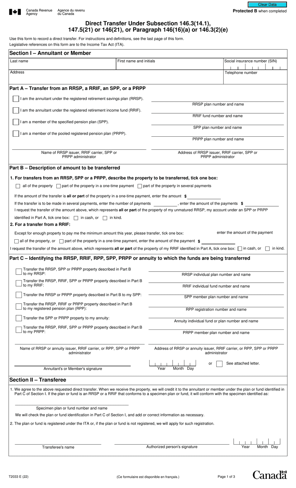 Form T2033 Download Fillable PDF or Fill Online Direct Transfer Under ...