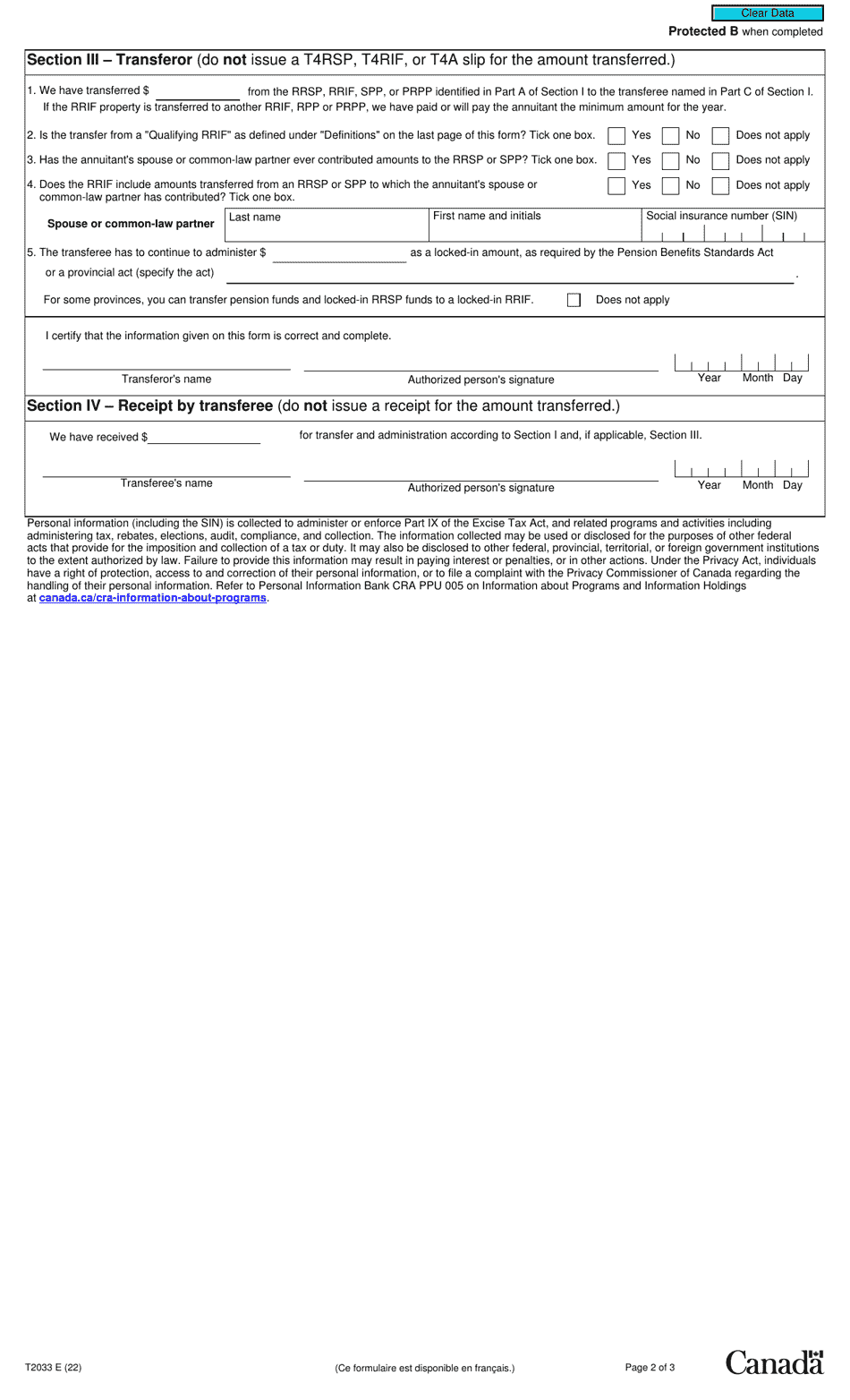 Form T2033 Direct Transfer Under Subsection 146.3(14.1), 147.5(21) or 146(21), or Paragraph 146(16)(A) or 146.3(2)(E) - Canada, Page 2