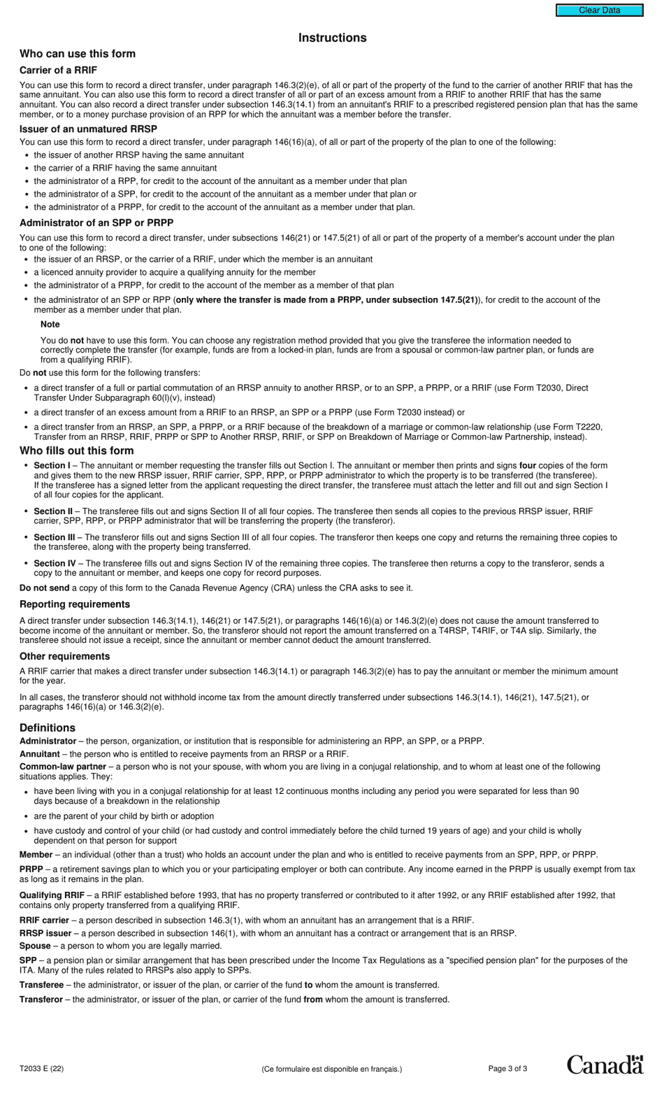 Form T2033 Direct Transfer Under Subsection 146.3(14.1), 147.5(21) or 146(21), or Paragraph 146(16)(A) or 146.3(2)(E) - Canada, Page 3