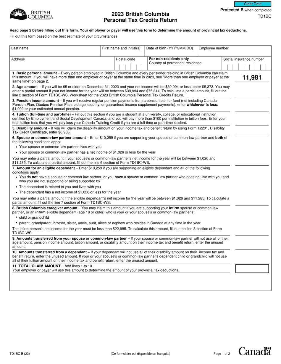 Form TD1BC Download Fillable PDF or Fill Online British Columbia