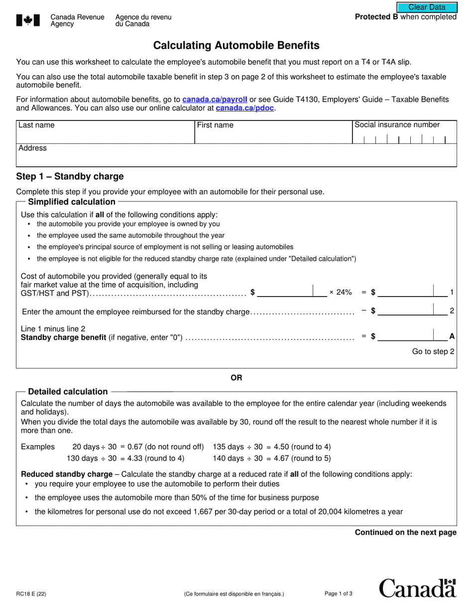Form RC18 Calculating Automobile Benefits - Canada, Page 1