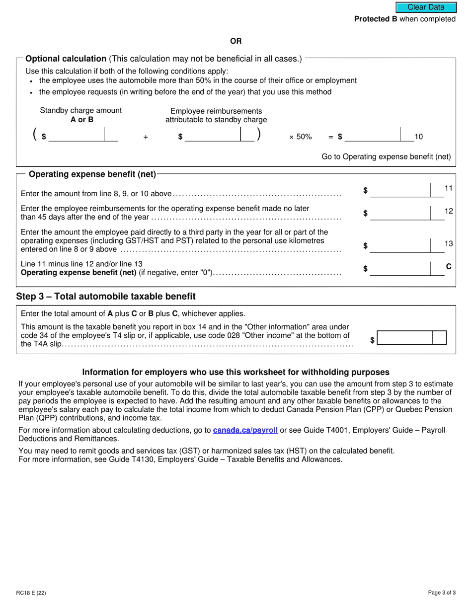 Form RC18 Calculating Automobile Benefits - Canada, Page 3