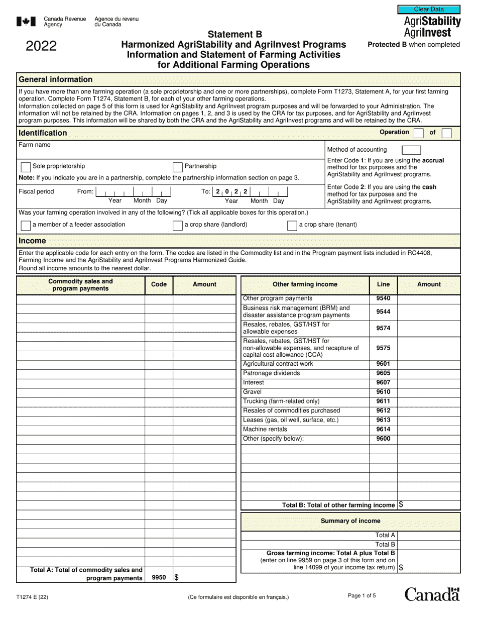 Form T1274 Statement B - Harmonized Agristability and Agriinvest Programs Information and Statement of Farming Activities for Additional Farming Operations - Canada, Page 1