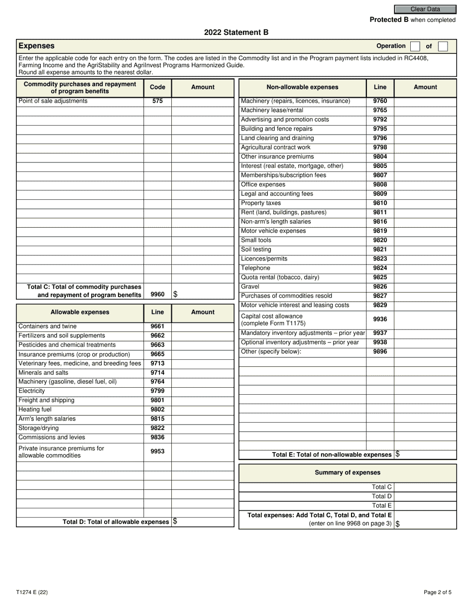 Form T1274 Statement B - Harmonized Agristability and Agriinvest Programs Information and Statement of Farming Activities for Additional Farming Operations - Canada, Page 2