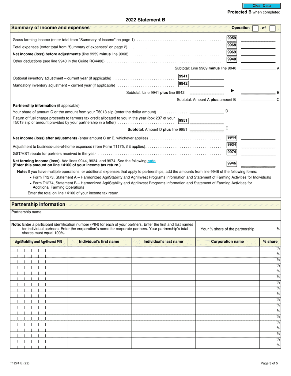 Form T1274 Statement B - Harmonized Agristability and Agriinvest Programs Information and Statement of Farming Activities for Additional Farming Operations - Canada, Page 3