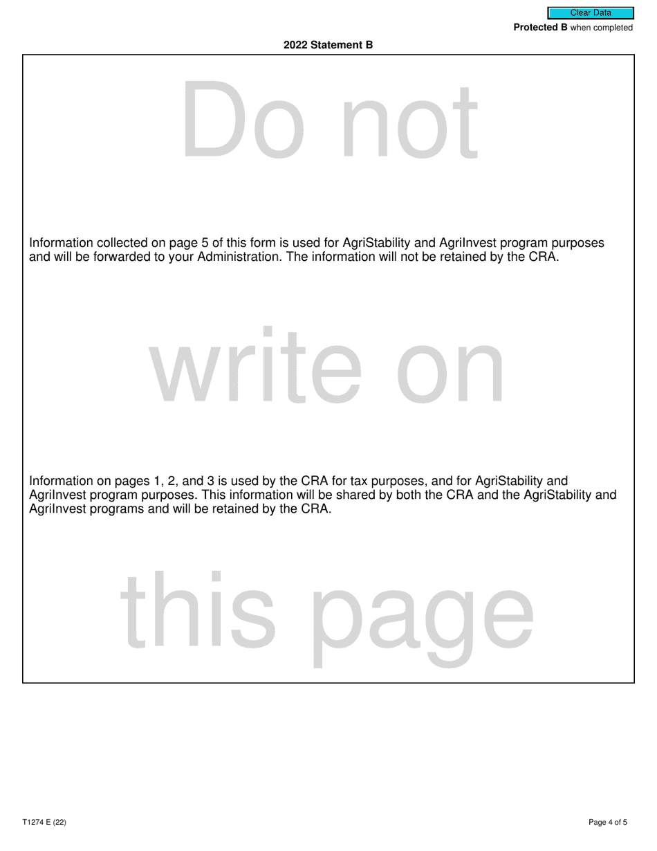Form T1274 Statement B - Harmonized Agristability and Agriinvest Programs Information and Statement of Farming Activities for Additional Farming Operations - Canada, Page 4