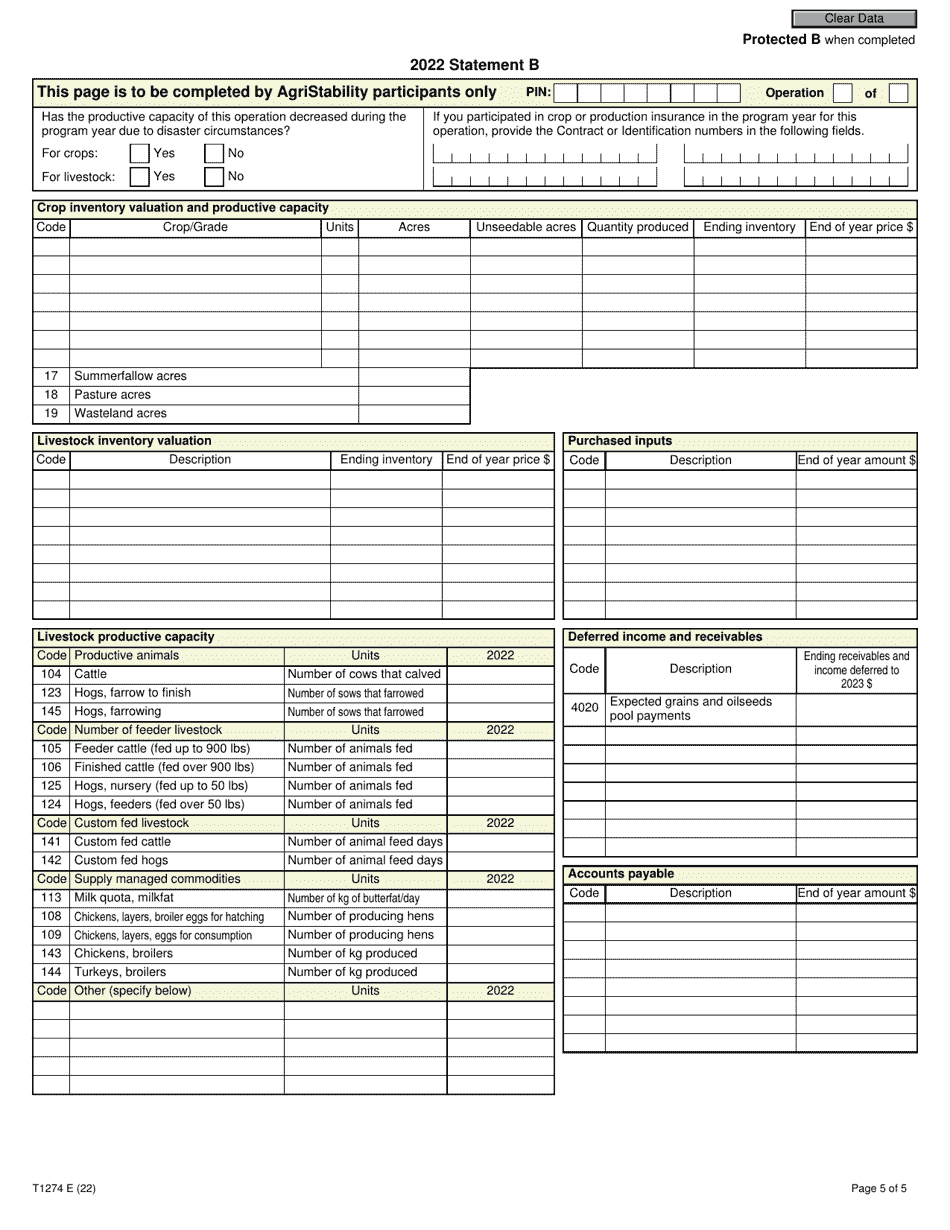 Form T1274 Statement B - Harmonized Agristability and Agriinvest Programs Information and Statement of Farming Activities for Additional Farming Operations - Canada, Page 5