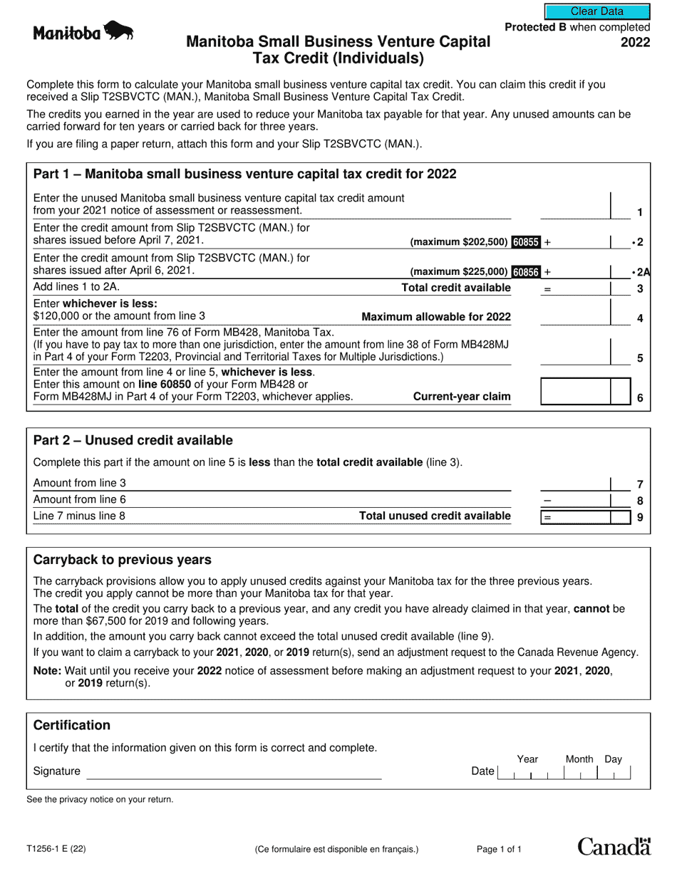Form T1256-1 Manitoba Small Business Venture Capital Tax Credit (Individuals) - Canada, Page 1