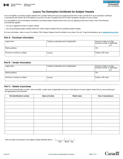 Form L100-2 Luxury Tax Exemption Certificate for Subject Vessels - Canada