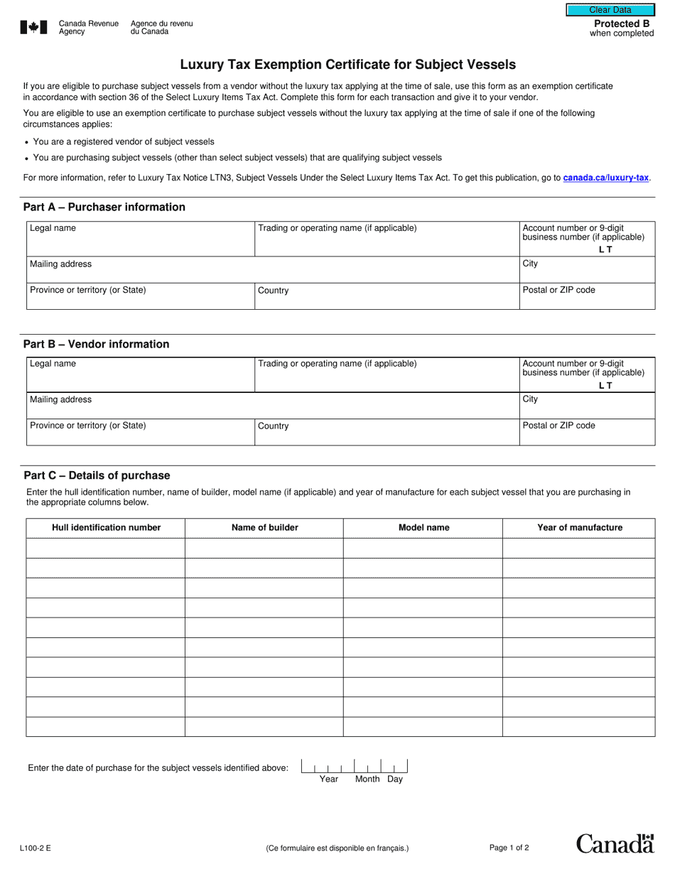 Form L100-2 Luxury Tax Exemption Certificate for Subject Vessels - Canada, Page 1
