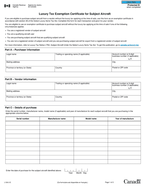 Form L100-3 Luxury Tax Exemption Certificate for Subject Aircraft - Canada