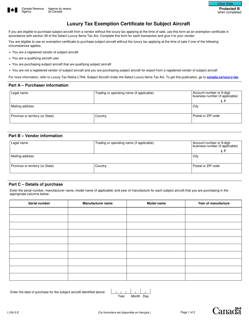 Form L100-3 Luxury Tax Exemption Certificate for Subject Aircraft - Canada, Page 1