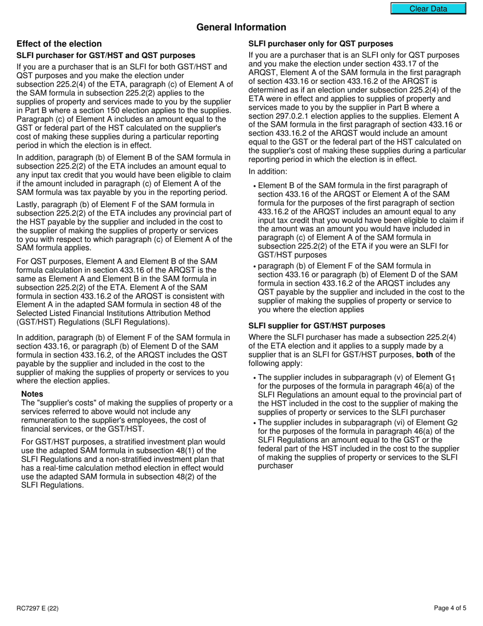 Form RC7297 Election or Revocation Under the Special Attribution Method for Selected Listed Financial Institutions for Gst / Hst and Qst Purposes or Only for Qst Purposes - Canada, Page 4