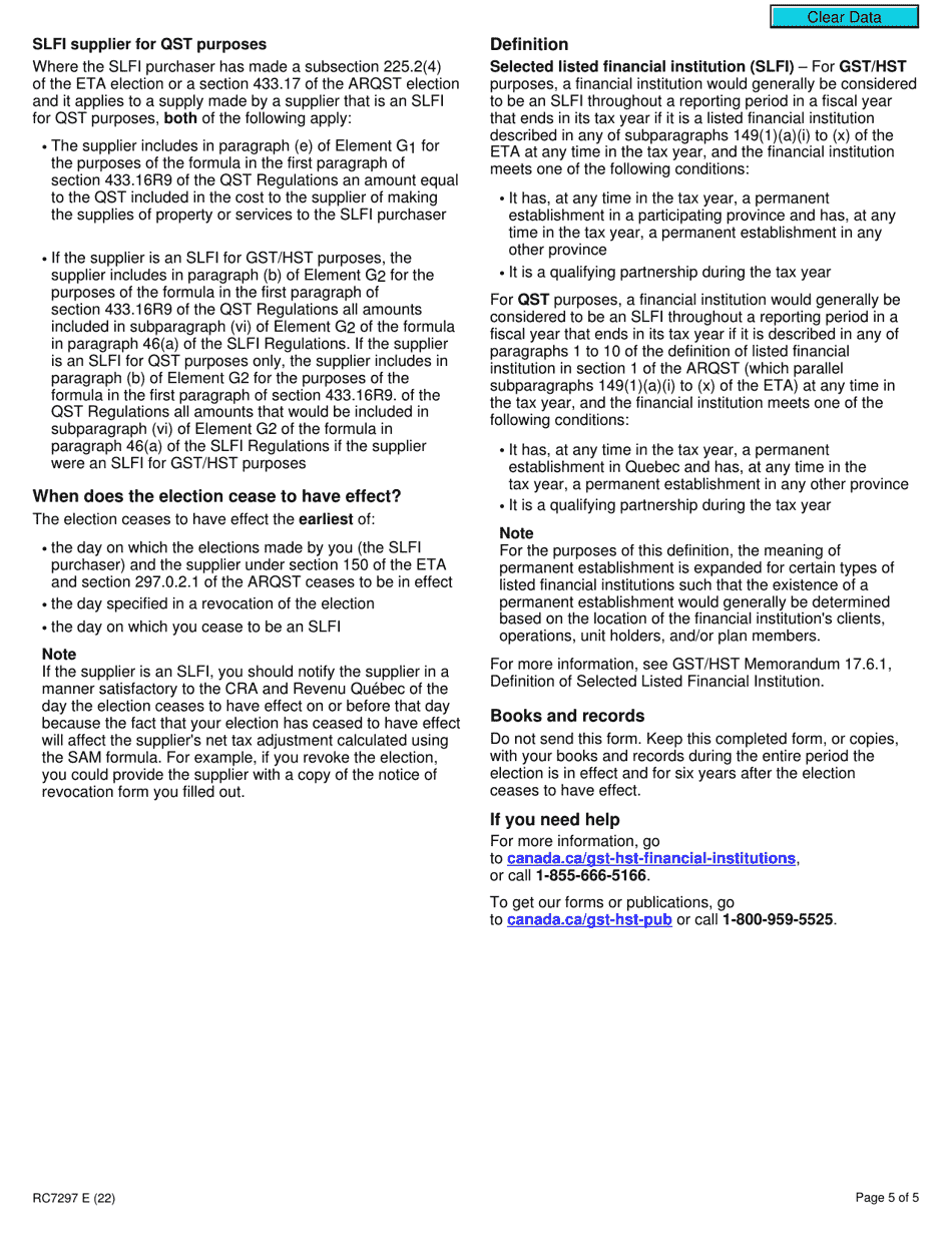 Form RC7297 Election or Revocation Under the Special Attribution Method for Selected Listed Financial Institutions for Gst / Hst and Qst Purposes or Only for Qst Purposes - Canada, Page 5