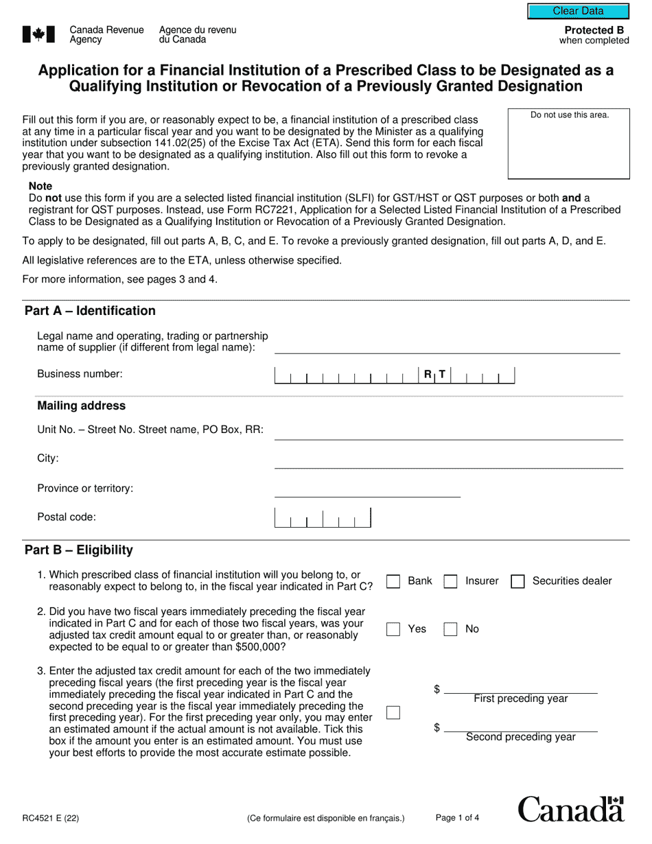 Form RC4521 Application for a Financial Institution of a Prescribed Class to Be Designated as a Qualifying Institution or Revocation of a Previously Granted Designation - Canada, Page 1