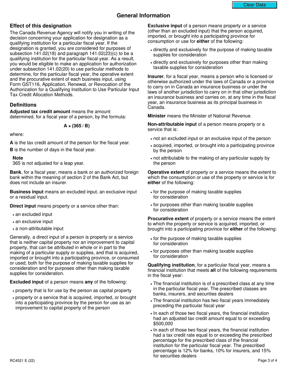 Form RC4521 Application for a Financial Institution of a Prescribed Class to Be Designated as a Qualifying Institution or Revocation of a Previously Granted Designation - Canada, Page 3