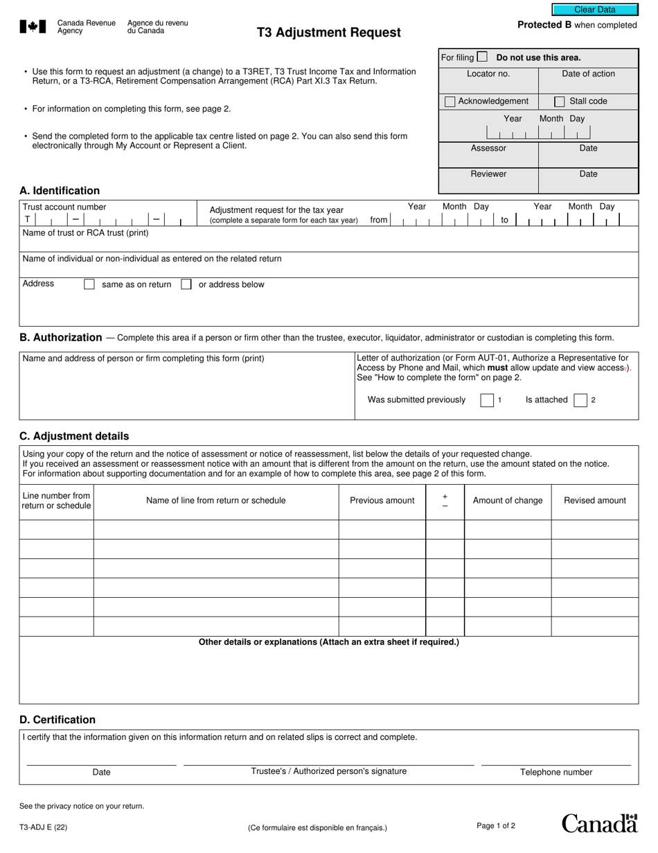 Form T3-ADJ T3 Adjustment Request - Canada, Page 1