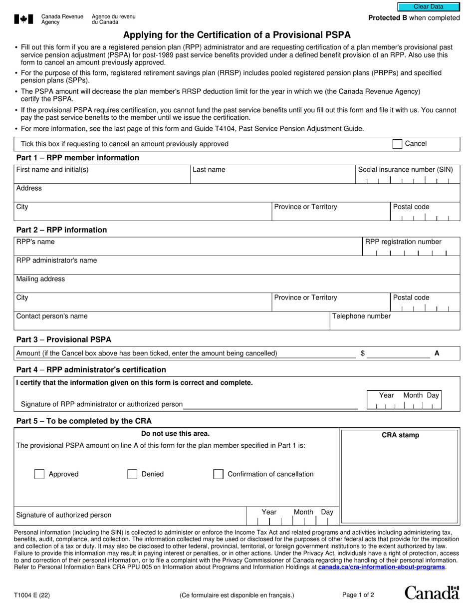 Form T1004 Applying for the Certification of a Provisional Pspa - Canada, Page 1
