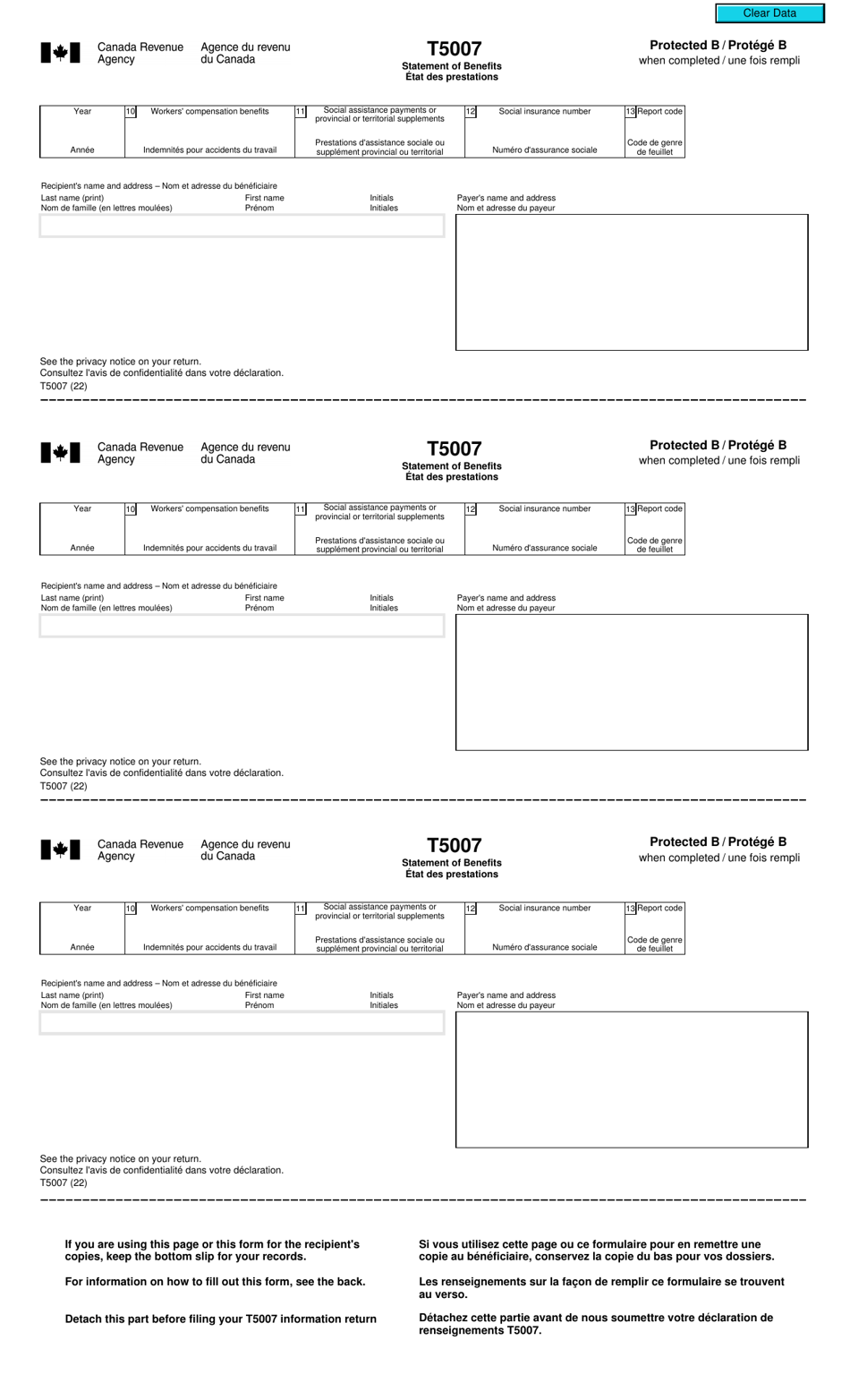 Form T5007 Statement of Benefits - Canada (English / French), Page 1