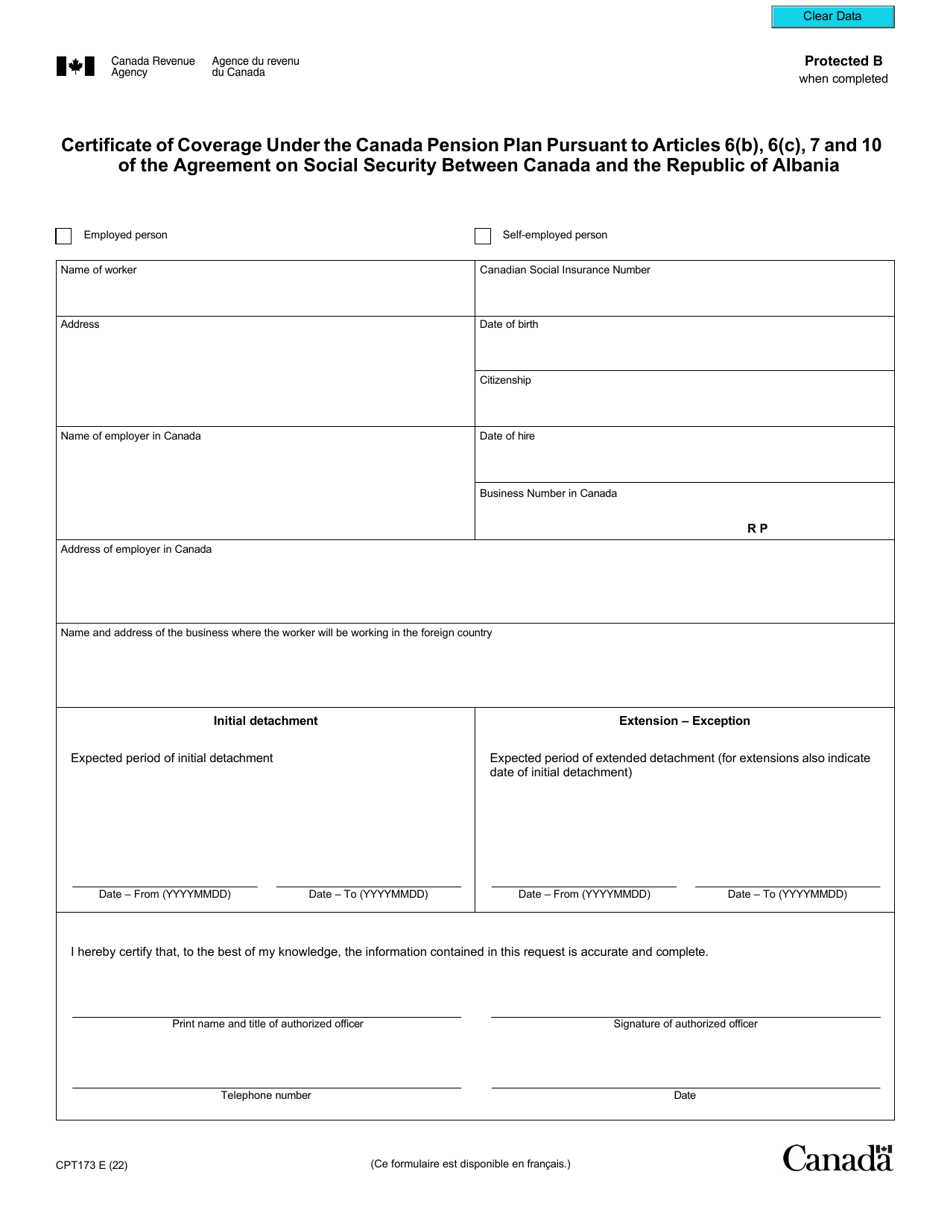 Form CPT173 Certificate of Coverage Under the Canada Pension Plan Pursuant to Articles 6(B), 6(C), 7 and 10 of the Agreement on Social Security Between Canada and the Republic of Albania - Canada, Page 2