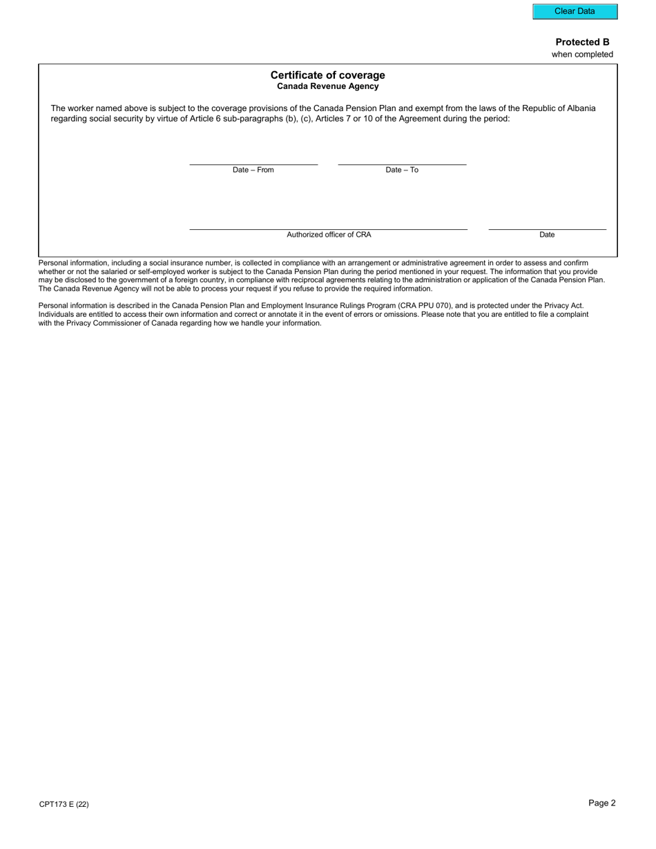 Form CPT173 Certificate of Coverage Under the Canada Pension Plan Pursuant to Articles 6(B), 6(C), 7 and 10 of the Agreement on Social Security Between Canada and the Republic of Albania - Canada, Page 3