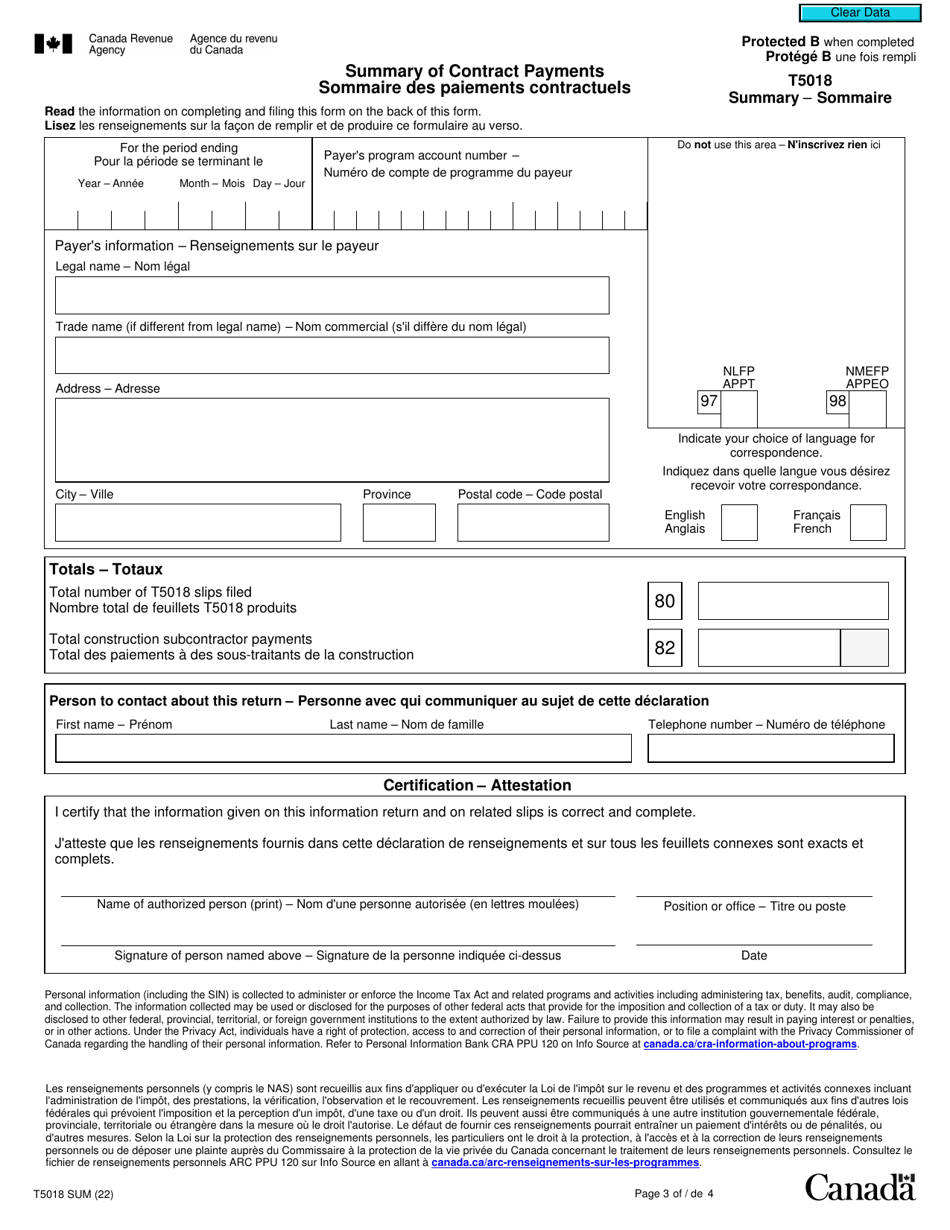 Form T5018 SUM Download Fillable PDF or Fill Online Summary of Contract ...