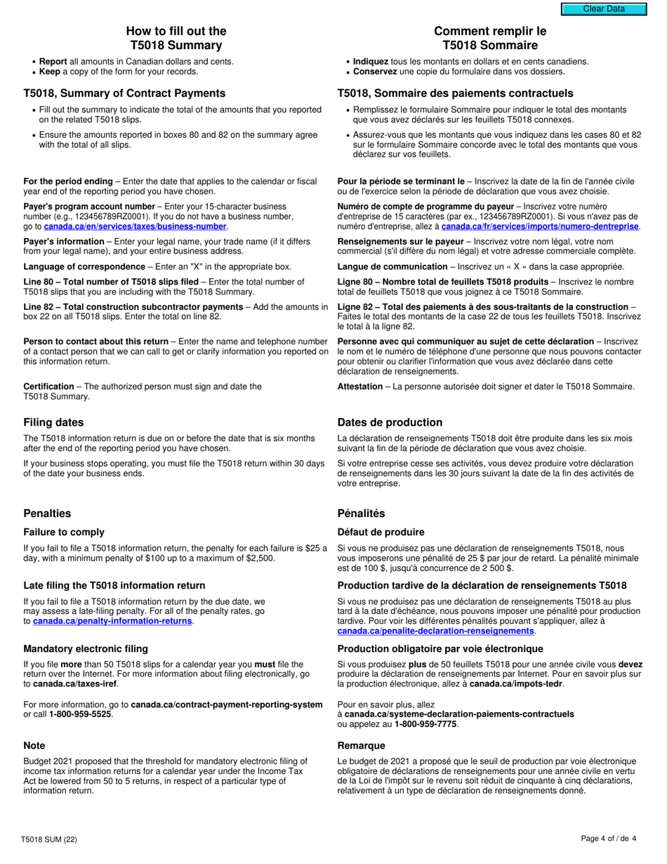 Form T5018 SUM Download Fillable PDF or Fill Online Summary of Contract ...