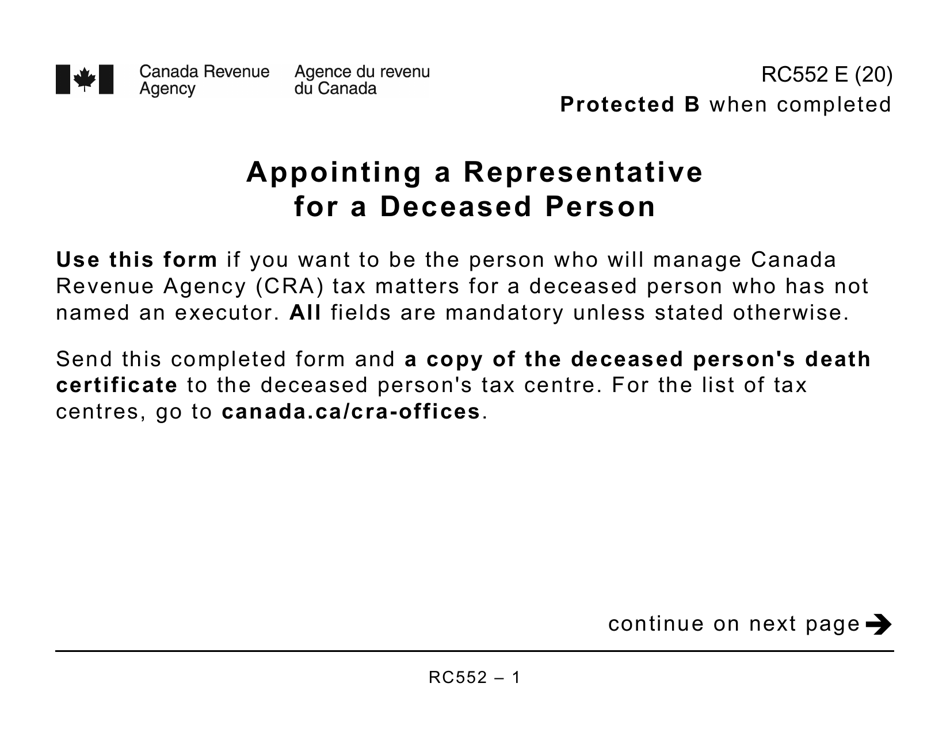 Form RC552 Appointing a Representative for a Deceased Person (Large Print) - Canada, Page 1