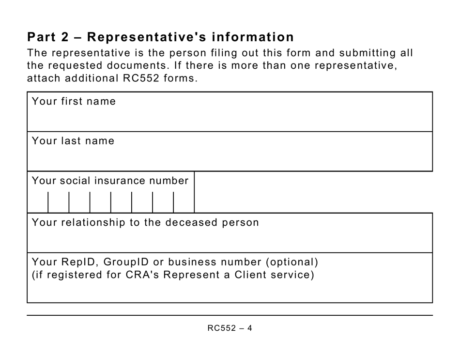 Form RC552 Appointing a Representative for a Deceased Person (Large Print) - Canada, Page 4