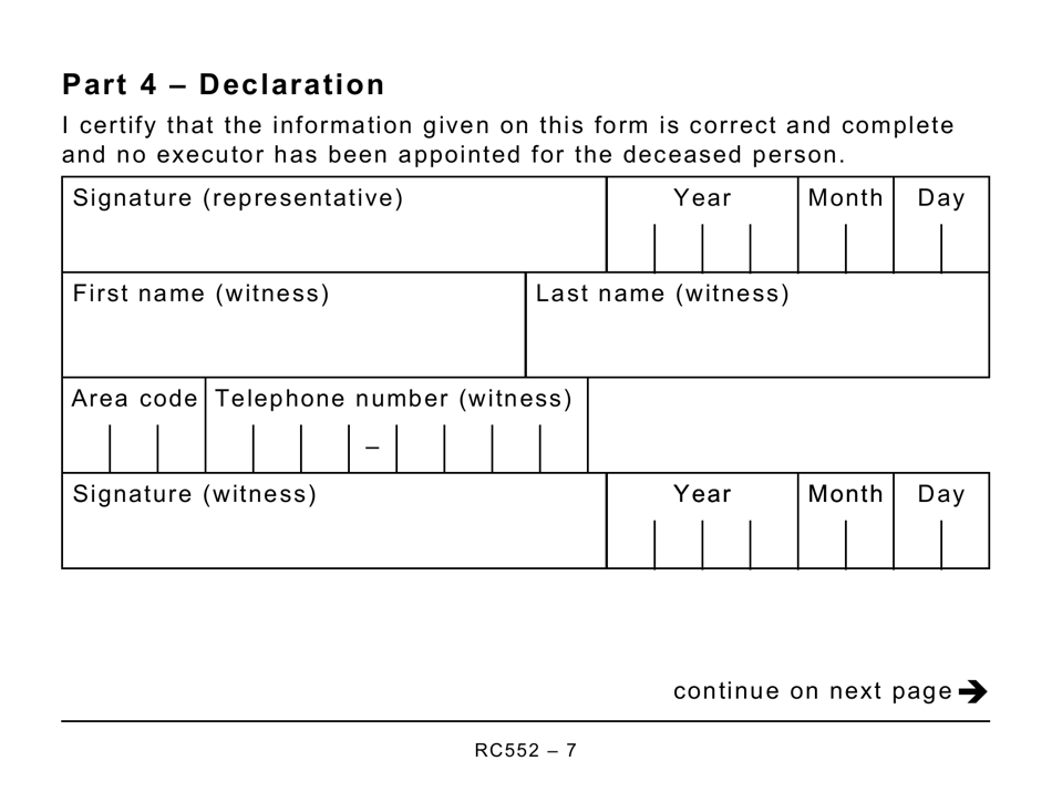 Form RC552 Appointing a Representative for a Deceased Person (Large Print) - Canada, Page 7